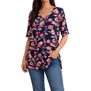 Lularoe Floral V Neck Short Sleeve Top Womens Size X Pink Navy